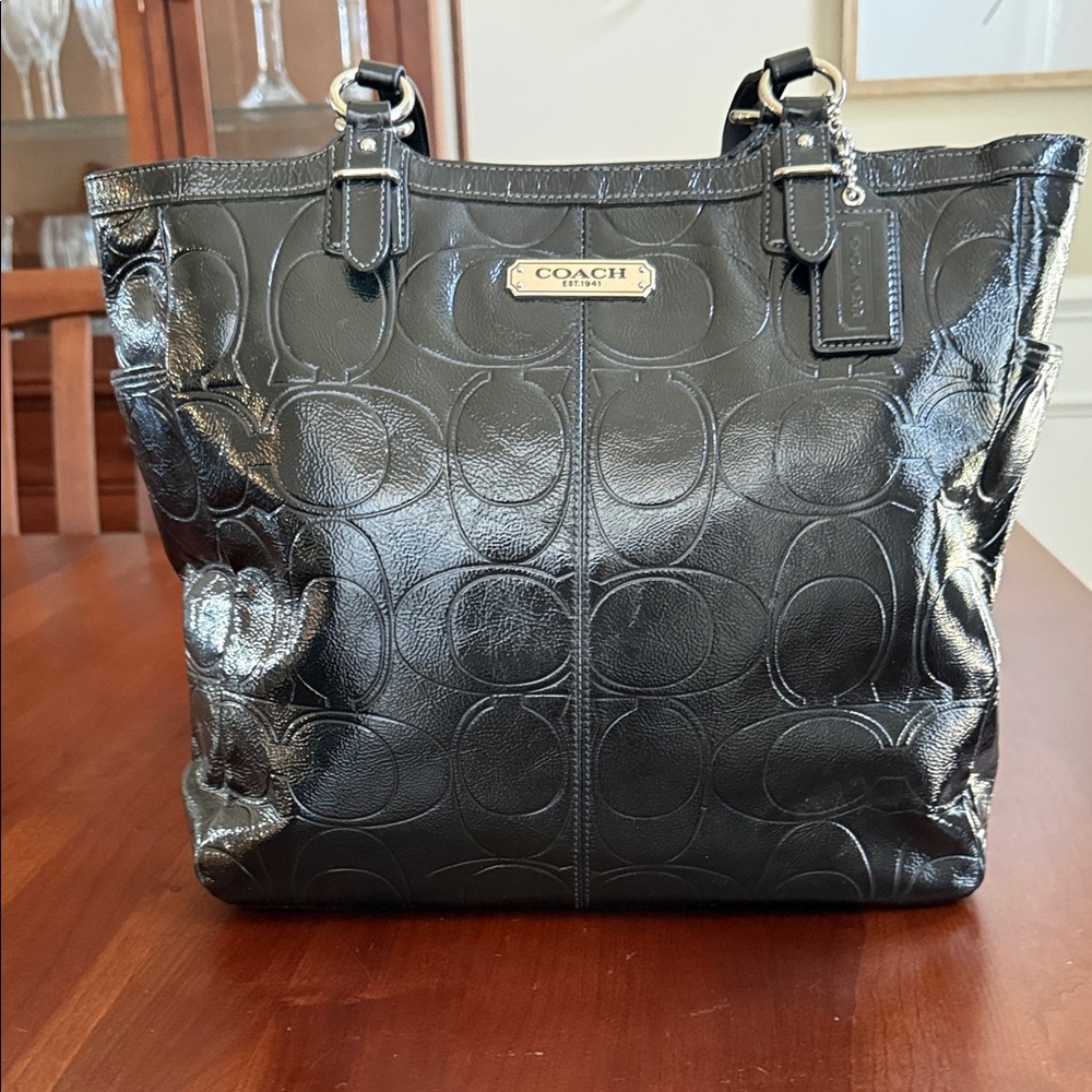 Coach Black Signature Patent Leather Tote